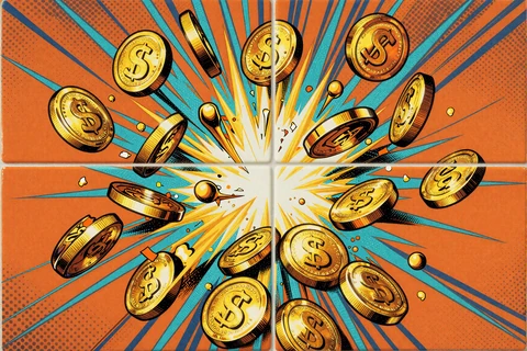 Explodierende goldene Jackpot-M&uuml;nzen im Pop-Art-Stil - Progressive Jackpots
