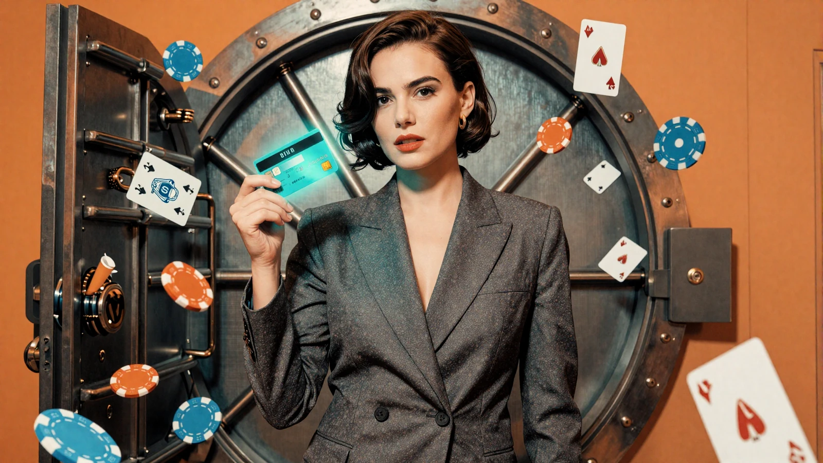 Betsson Casino Modell mit leuchtender Bankkarte und Tresor-Motiv im Warhol-Pop-Art-Stil - sichere Zahlungen im Online Casino
