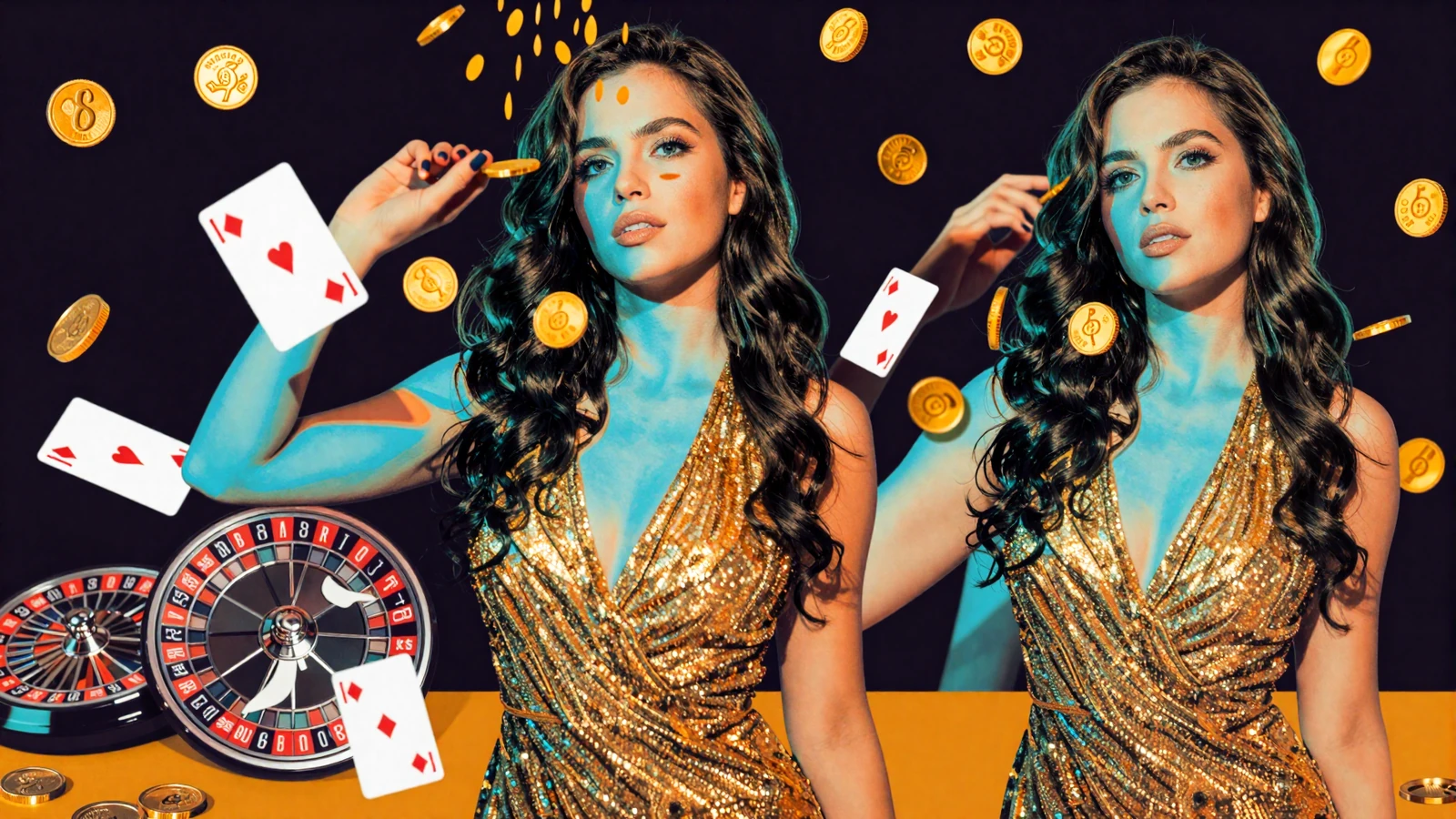 Betsson Casino Modell zeigt Willkommensbonus mit Goldm&uuml;nzen und Spielkarten im Warhol-Pop-Art-Stil
