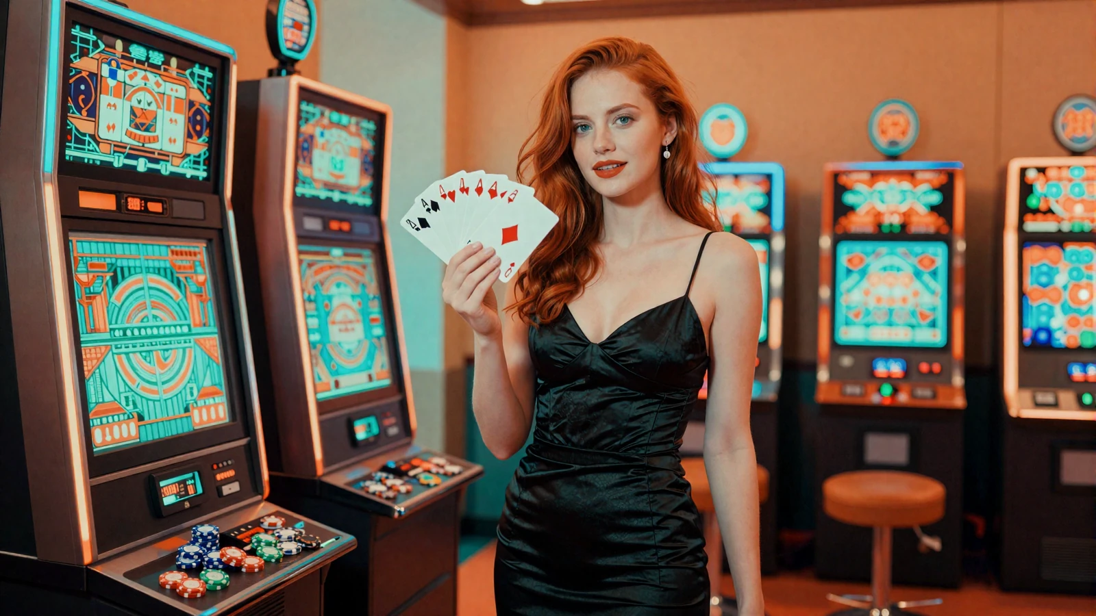 Betsson Casino Modell f&auml;chert Chips vor leuchtenden Slots im Warhol-Pop-Art-Stil - Casino-Spiele &Uuml;bersicht