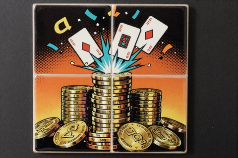 Vierte Einzahlung Bonus-Stufe mit hohem M&uuml;nzturm und Konfetti im Pop-Art-Stil